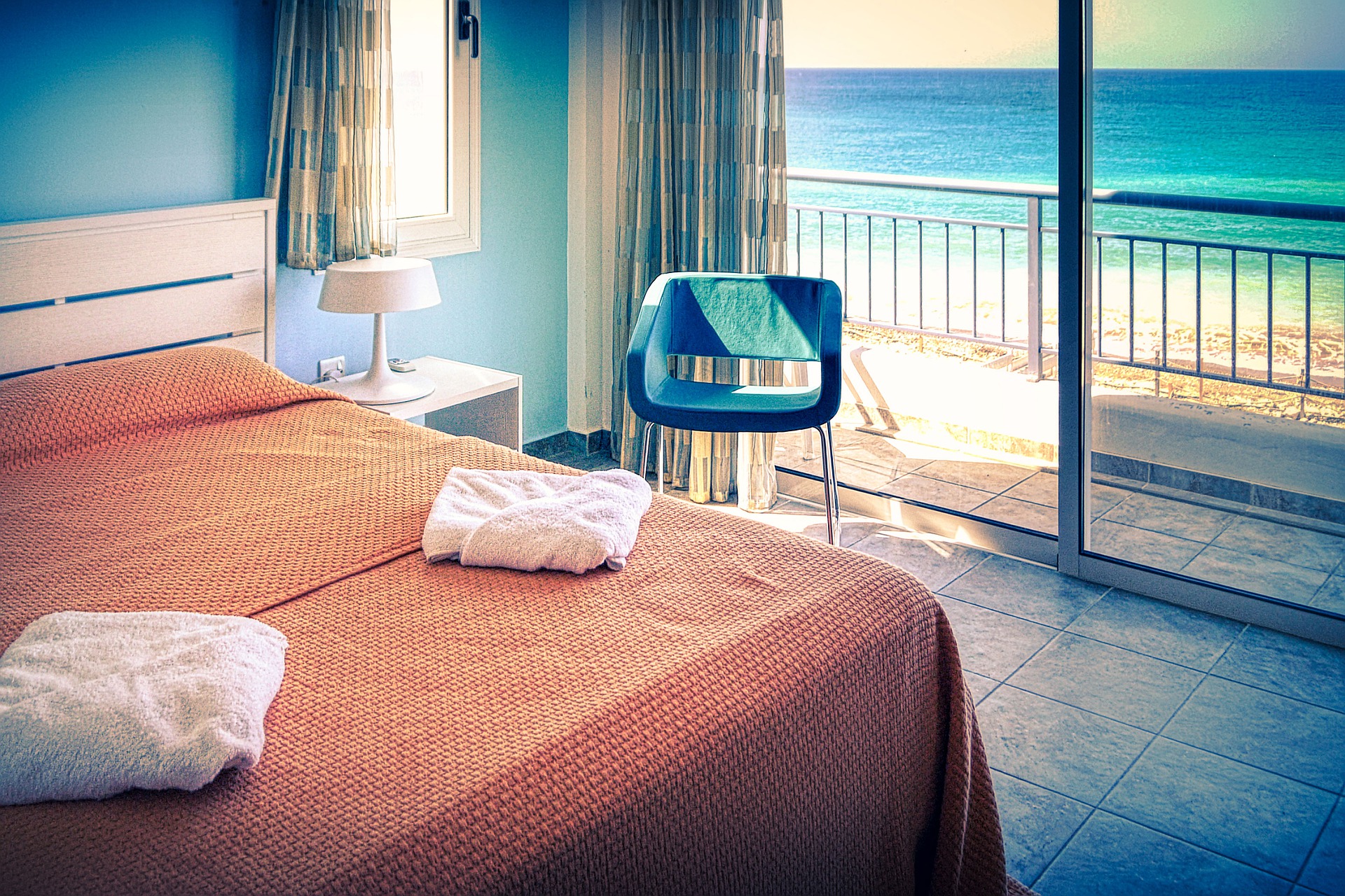 A picture of a hotel room on a beach